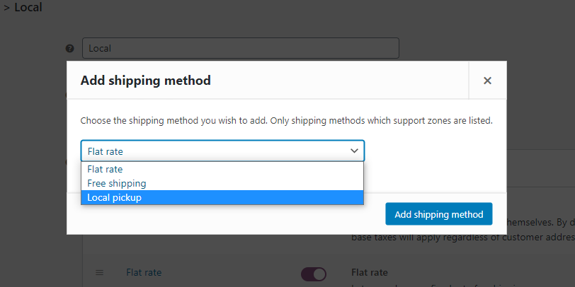 local pickup shipping method