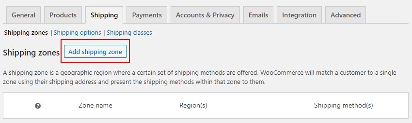add a shipping zone woocommerce
