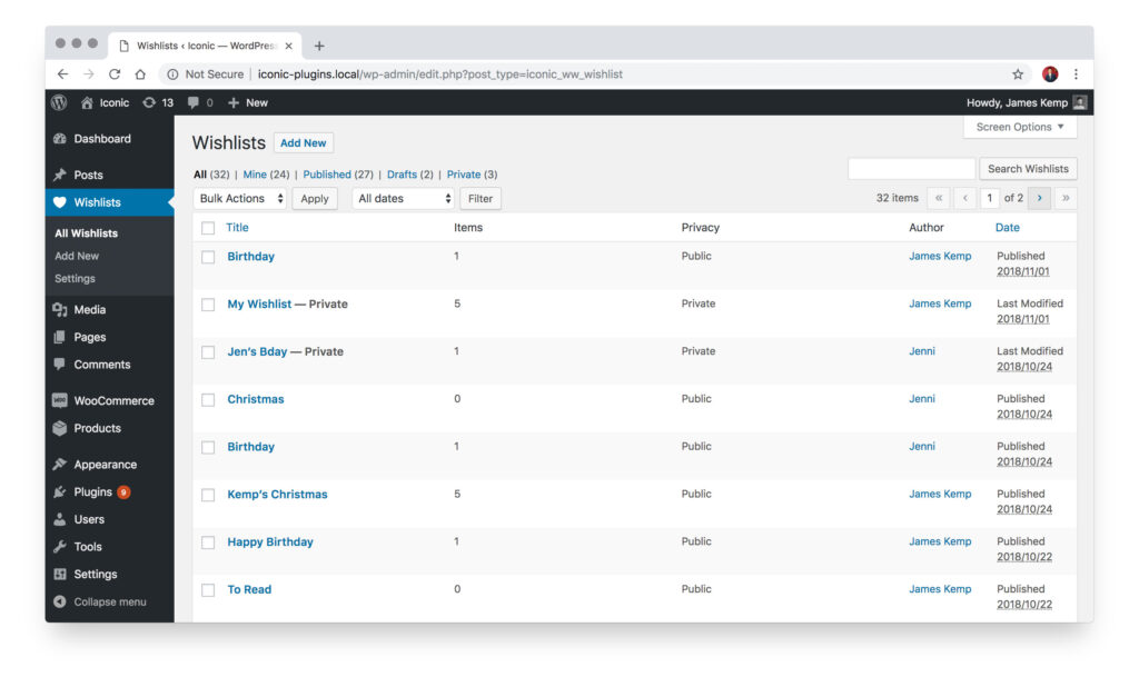 Manage wishlists