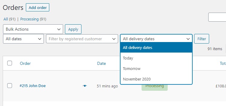 Orders page filter