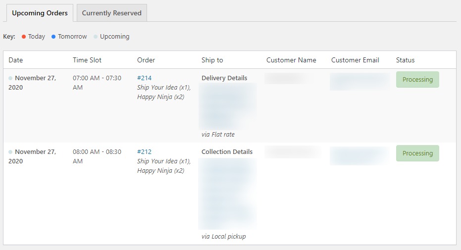 Upcoming orders tab