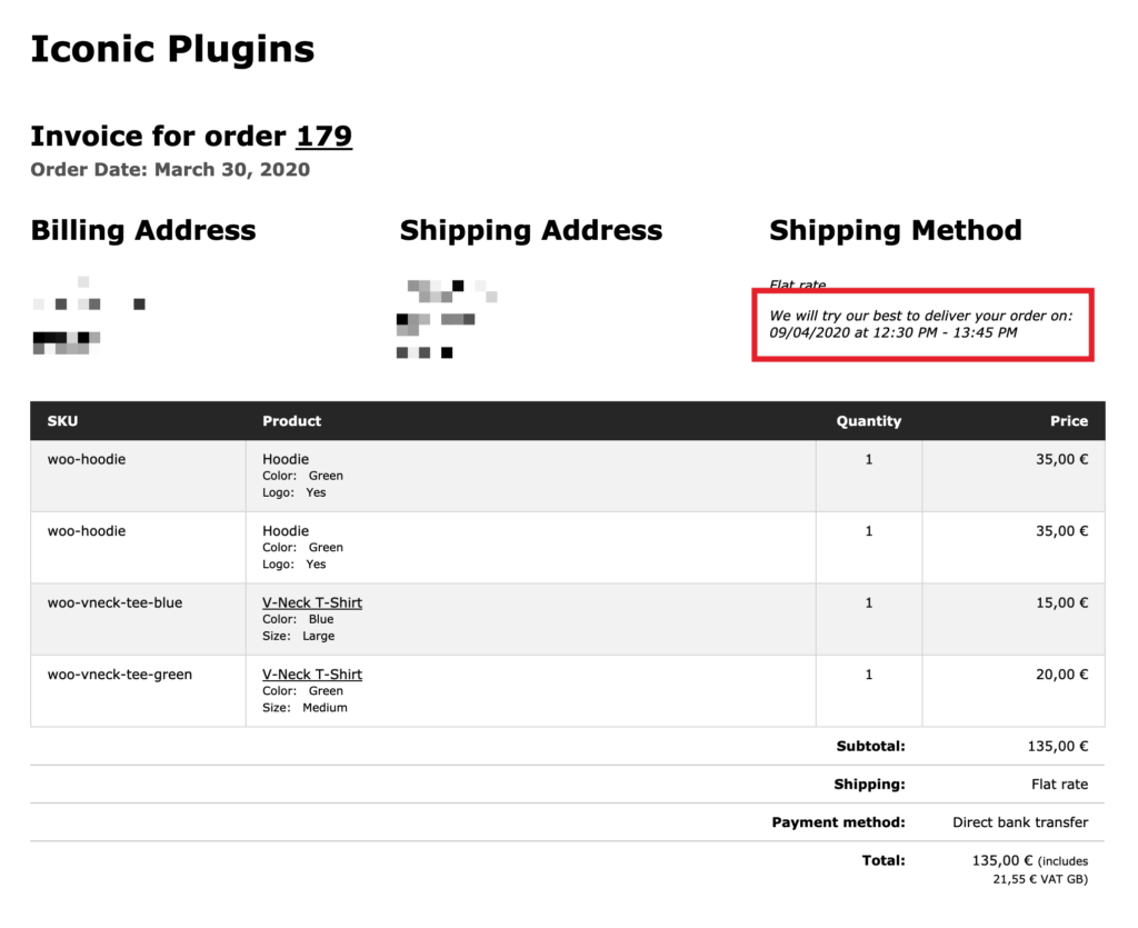 delivery date and time slot on invoice