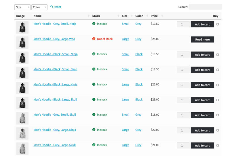 woocommerce product table