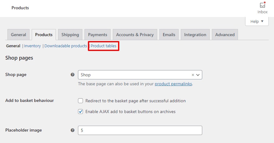 woocommerce product table settings