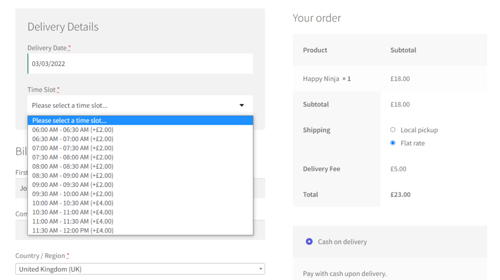 delivery time at the checkout woocommerce