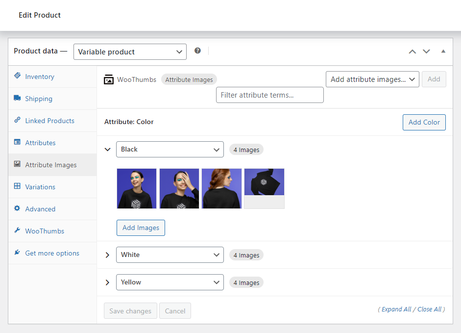 attribute images woocommerce with woothumbs