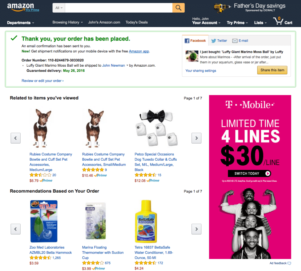 Amazon thank you page
