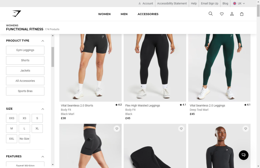 gymshark category filters