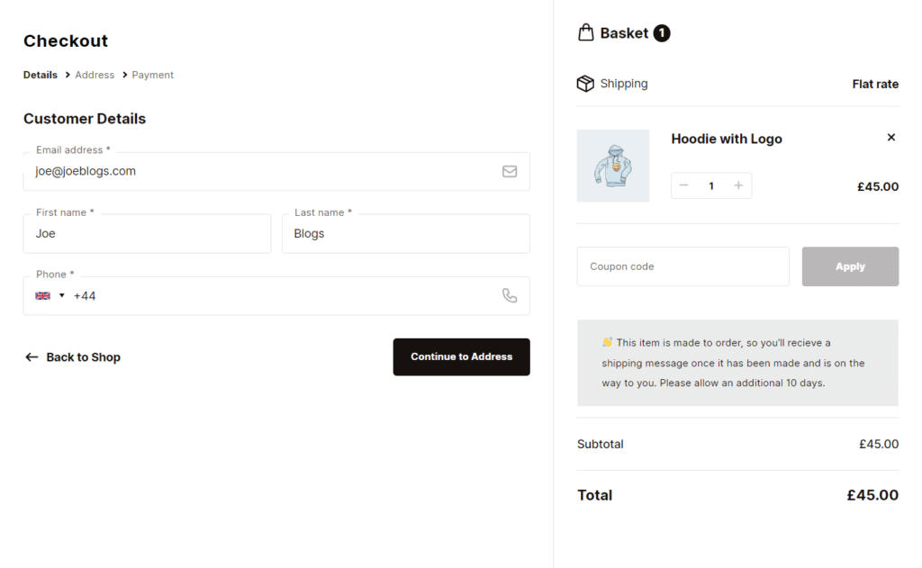 made to order checkout message flux checkout
